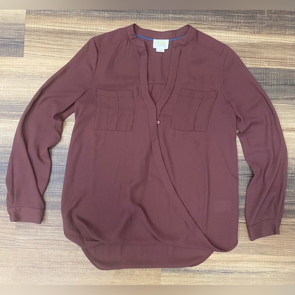 Anthropologie Maeve Blouse Womens 0 Surplice V Neck Top Long Sleeve Wrap Maroon